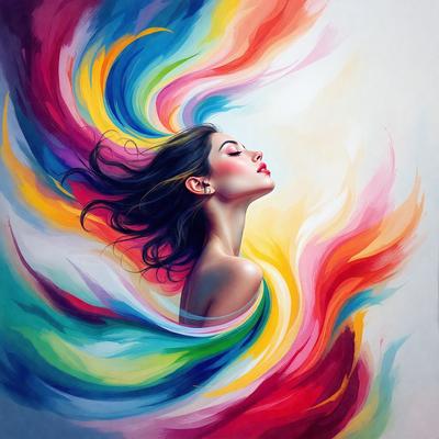 The primary subject of the image is a woman with long hair, who is looking upward. She is the main focus of the image. The setting is a colorful background, which adds to the overall atmosphere of the painting. The visual style is a combination of digital art and illustration, creating a vibrant and dynamic scene. The colors and mood of the image are predominantly bright and lively, with the woman's gaze and the vivid colors of the background creating a sense of wonder and curiosity.